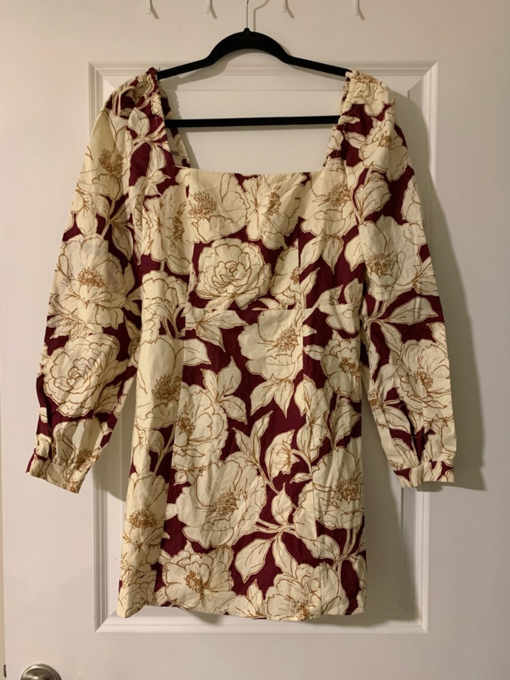 Sézane Cream Floral Square-Neck Mini Dress in plum wine